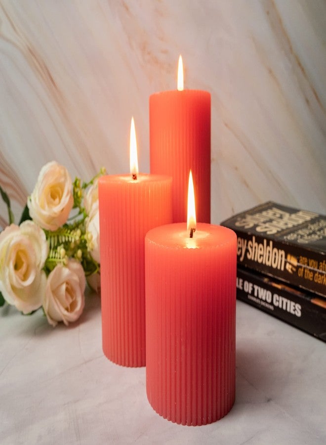 Floryn Decor Paraffin Wax Ribbed Scented Pillar Candles, Set of 3, Size- Full 3by3, 3by4 & 3by6 inches (English Rose) - Image 3